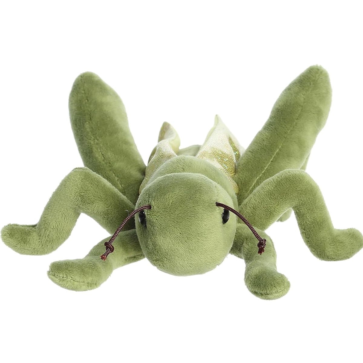 Straight front view of the Grant Grasshopper stuffed animal highlighting its sweet face, knotted string antennae, and sprawling green legs.