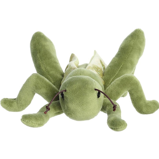 Straight front view of the Grant Grasshopper stuffed animal highlighting its sweet face, knotted string antennae, and sprawling green legs.