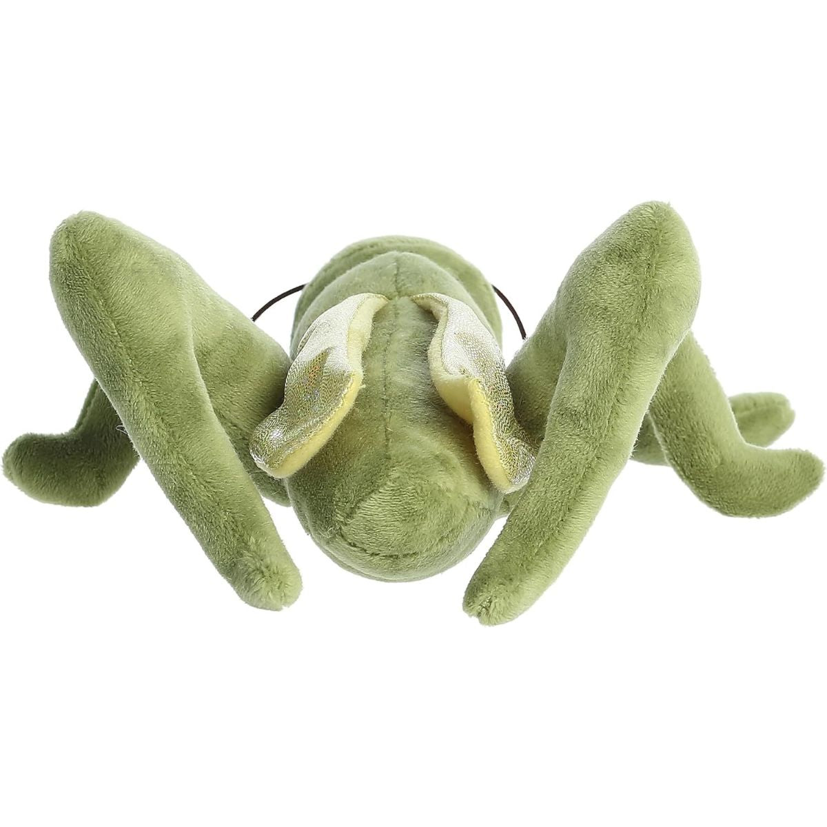Top-down rear view of the green grasshopper plush showcasing the shiny, iridescent wing details resting neatly on its back.