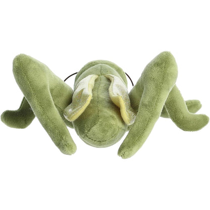 Top-down rear view of the green grasshopper plush showcasing the shiny, iridescent wing details resting neatly on its back.