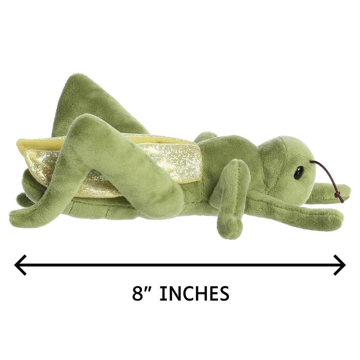 Side profile of the Aurora Mini Flopsie grasshopper with a dimension line indicating its 8-inch total length.