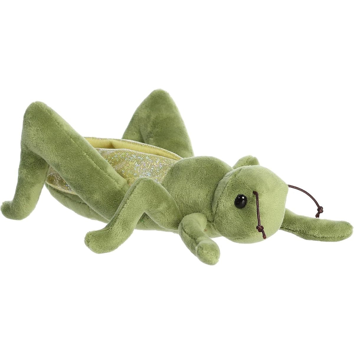 Angled side view of the Aurora Mini Flopsie Grant Grasshopper 8-inch plush featuring a soft green body, large angled back legs, and iridescent wings.