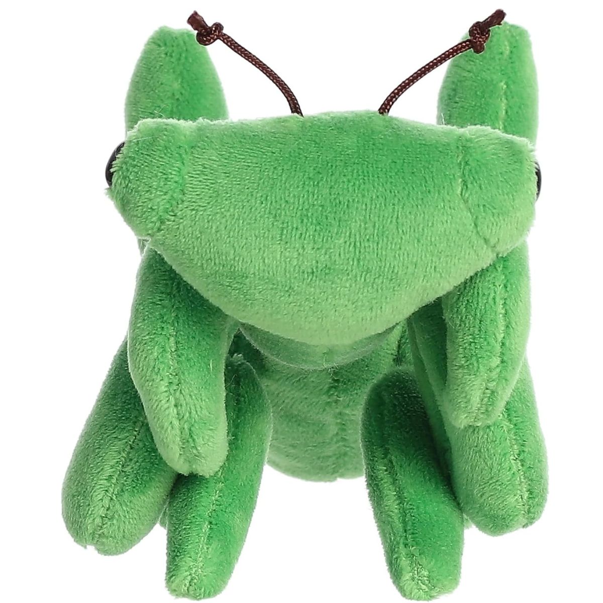 Front view of the Mia Praying Mantis stuffed animal highlighting its large dark eyes, folded front legs, and knotted string antennae.