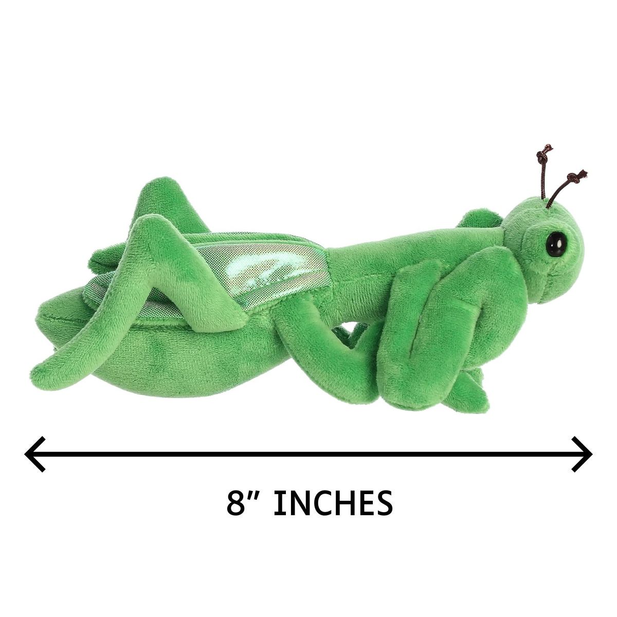 Side profile of the Aurora Mini Flopsie praying mantis with a dimension line indicating its 8-inch total length.