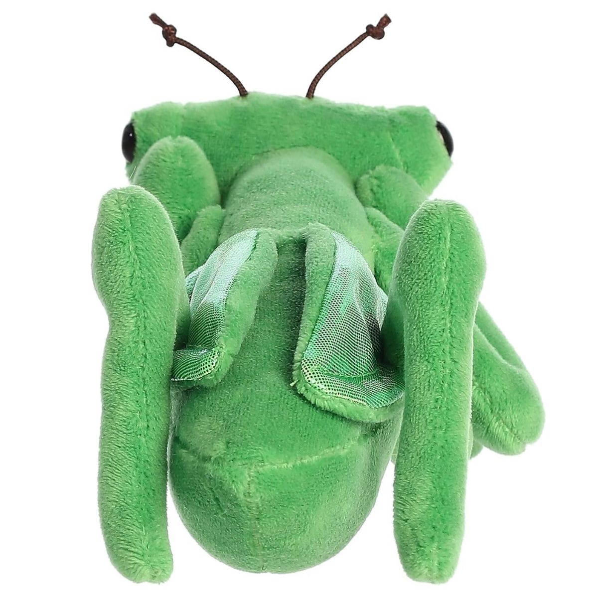 Top-down view of the green praying mantis plush showcasing the shiny, iridescent wing details resting on its back.
