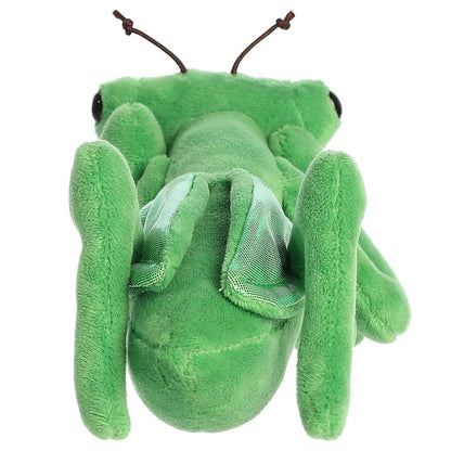 Top-down view of the green praying mantis plush showcasing the shiny, iridescent wing details resting on its back.