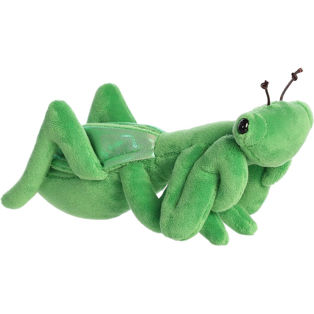 Angled side view of the Aurora Mini Flopsie Mia Praying Mantis 8-inch plush featuring a bright green body, folded front legs, and iridescent wings.