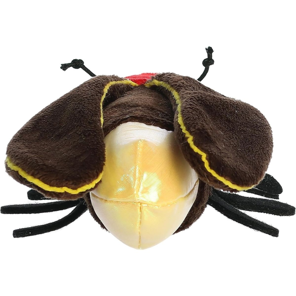 Back view of the firefly plush highlighting its shimmering yellow tail section and spread dark brown wings.