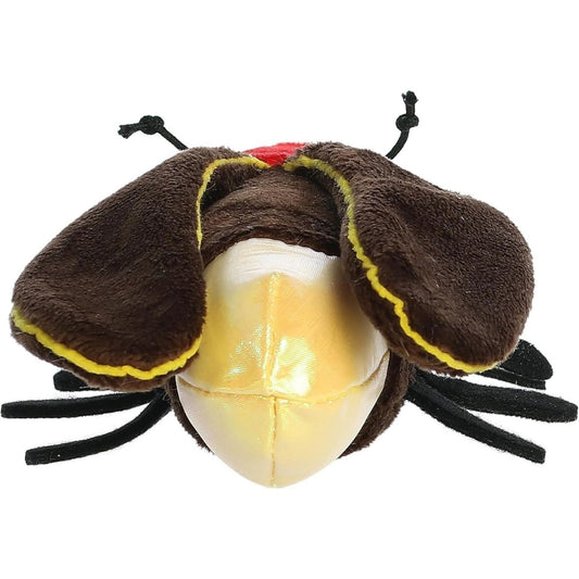 Back view of the firefly plush highlighting its shimmering yellow tail section and spread dark brown wings.