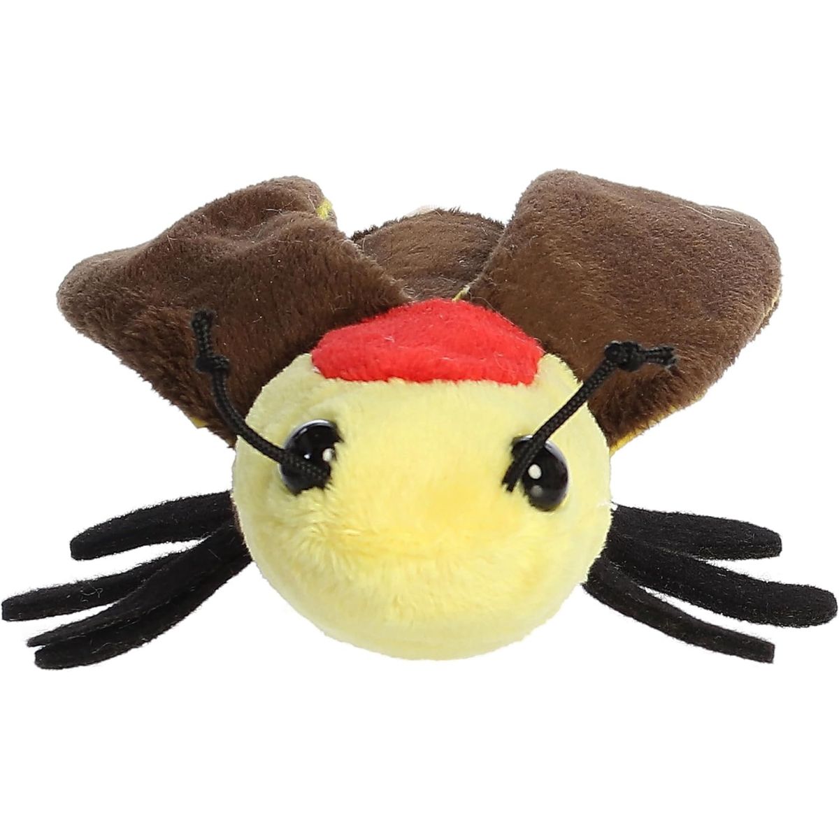 Front view of the Lux Firefly stuffed animal showing its sweet face, red head marking, and black knotted string antennae.