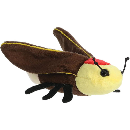 Angled side view of the Aurora Mini Flopsie Lux Firefly 7.5-inch plush featuring dark brown wings, a yellow face, and black plush legs.