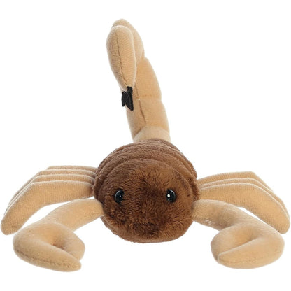 Straight-on front view of the soft scorpion plush showing its face, front pincers, and curved tail with a black stinger.