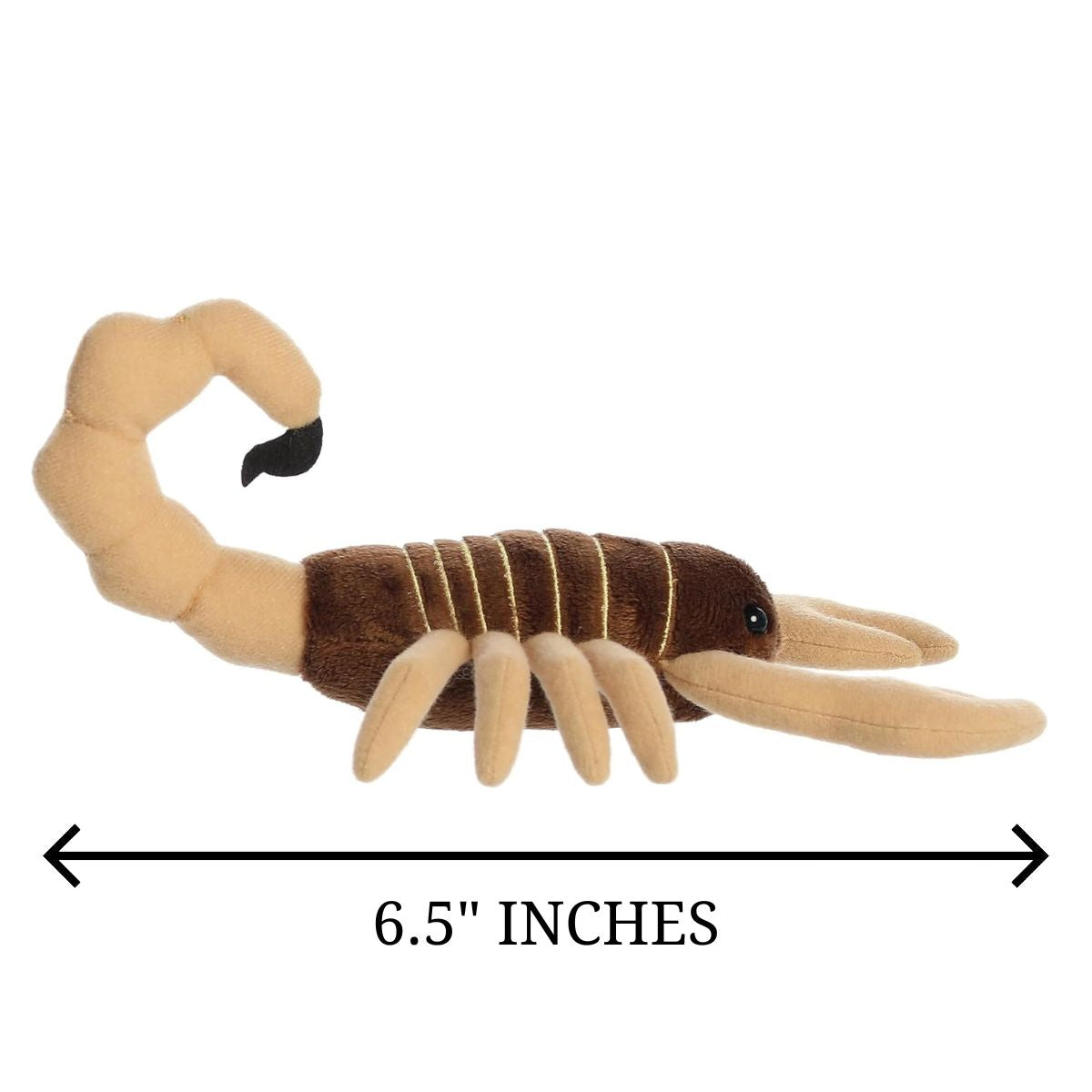 Side profile view of the Sol Scorpion plush resting on its tummy with a measurement graphic indicating it is 6.5 inches long.