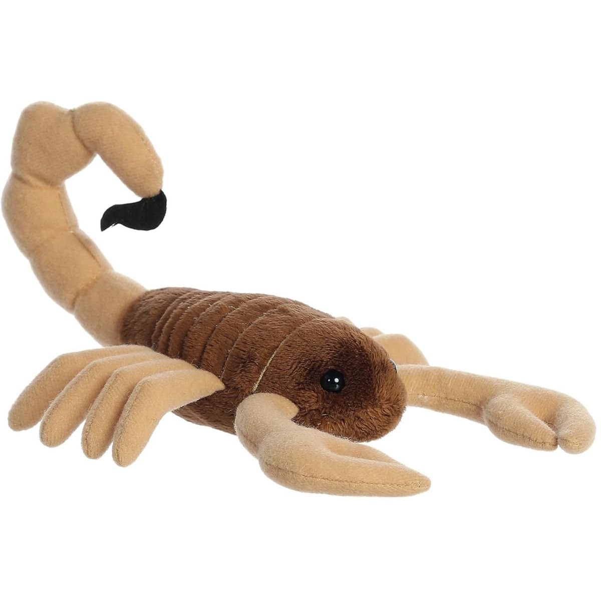 Angled front view of the 6.5-inch Aurora Mini Flopsie Sol Scorpion stuffed animal showing its tan body, dark brown back, and curved tail.