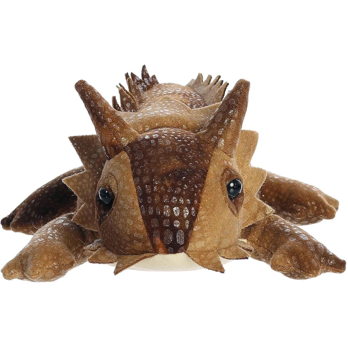 Straight-on front view of the soft Mini Flopsie brown horned lizard plush showing its face and soft head spikes.