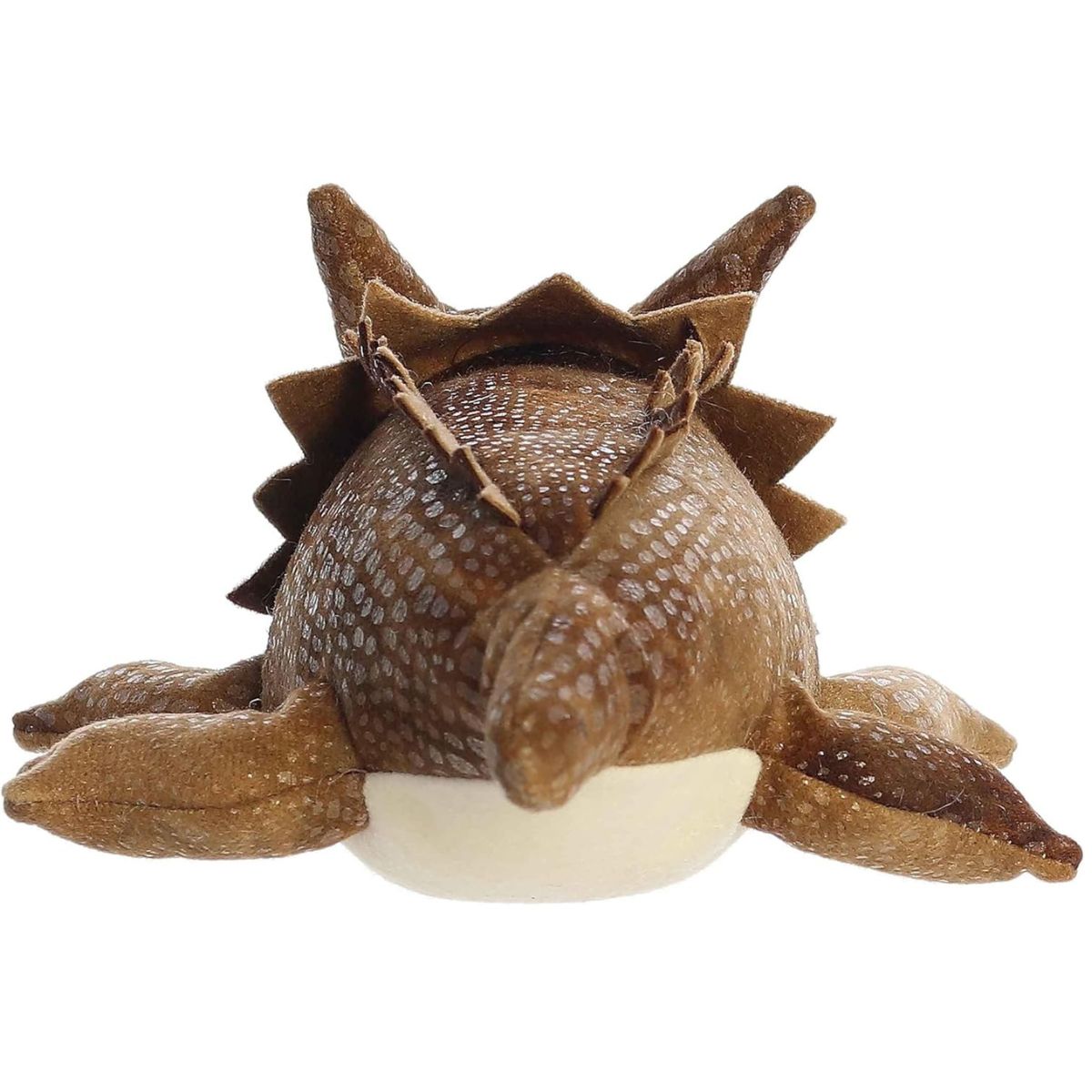 Direct back view of the cuddly horned lizard stuffed animal highlighting its tail, back spikes, and white belly.