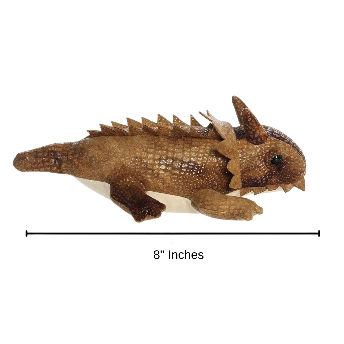 Side profile view of the Aurora Mini Flopsie Patty Horned Lizard plush with a measurement graphic indicating it is 8 inches long.