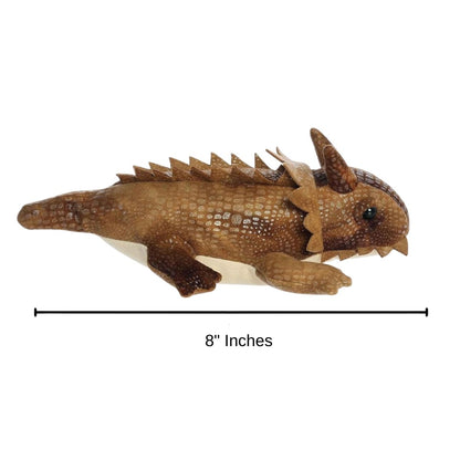 Side profile view of the Aurora Mini Flopsie Patty Horned Lizard plush with a measurement graphic indicating it is 8 inches long.