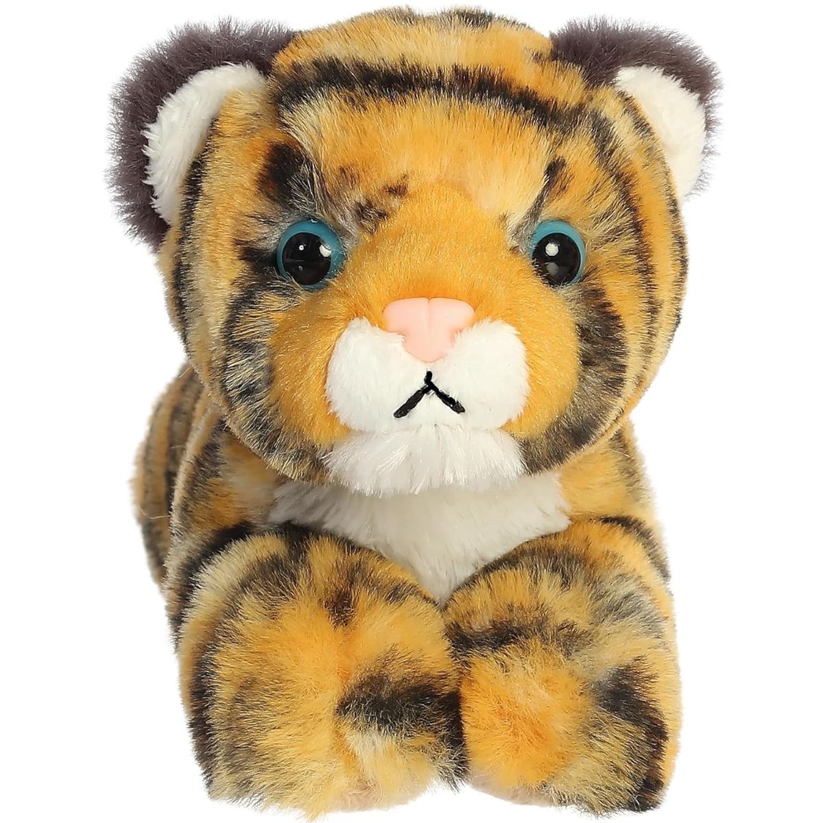 Straight front view of the tiger cub stuffed animal highlighting its sweet face, fluffy white muzzle, pink nose, and bright blue eyes.
