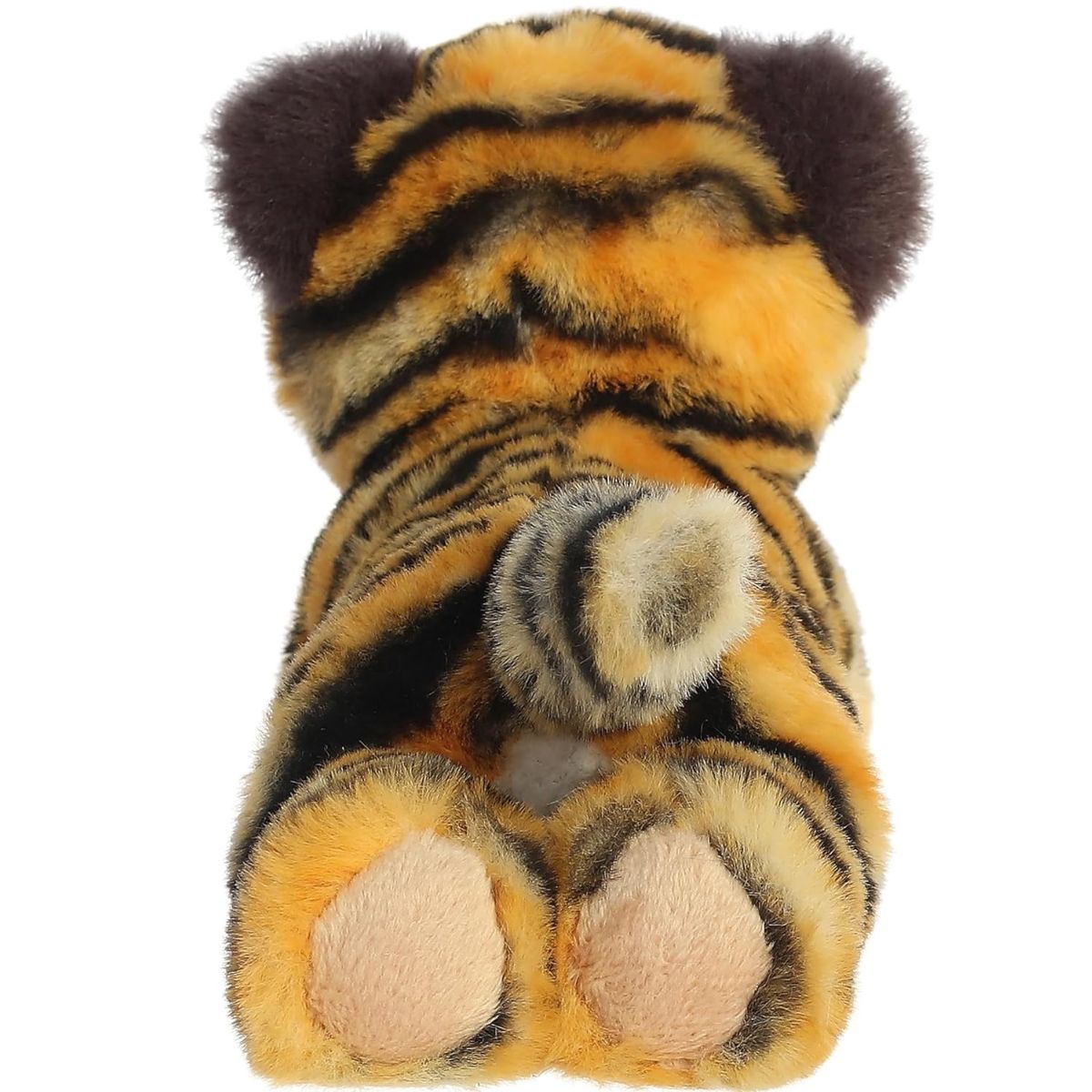 Rear view of the tiger plush showing its striped back, long striped tail, and soft tan paw pads on its back feet.