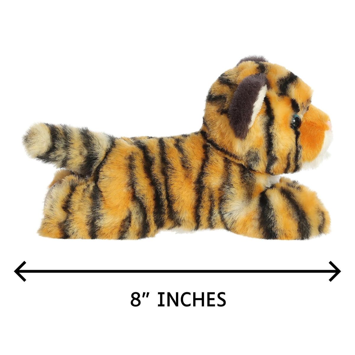 Side profile of the Aurora Mini Flopsie tiger cub plush with a dimension line indicating its 8-inch length.