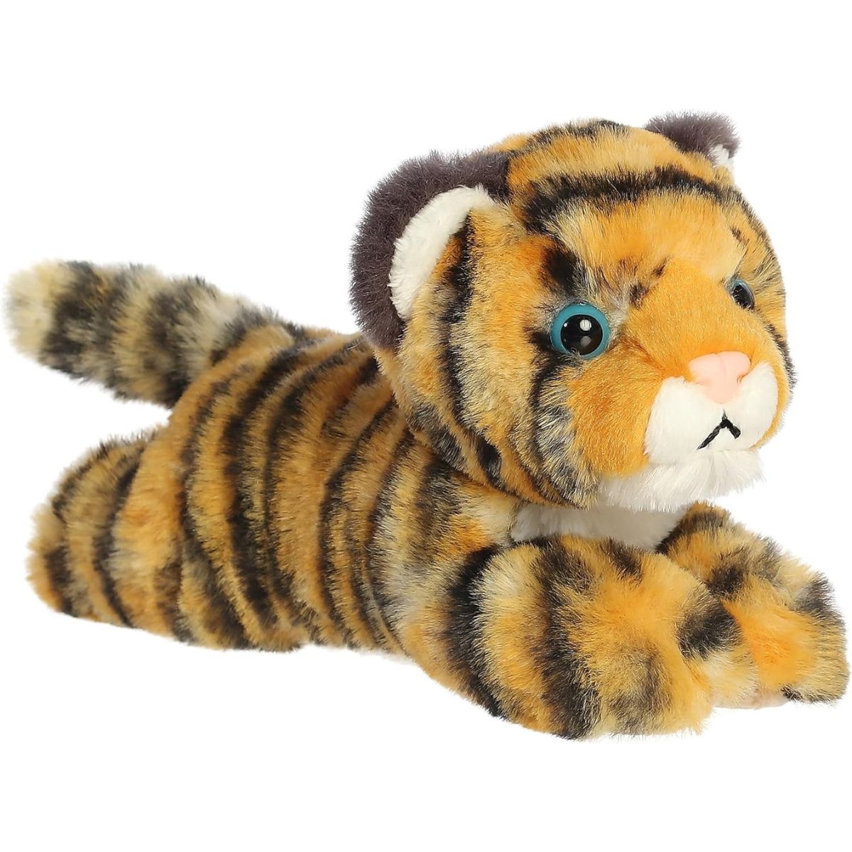 Angled front view of the Aurora Mini Flopsie Tiger Cub 8-inch plush resting on its belly, featuring orange fur with black stripes and striking blue eyes.