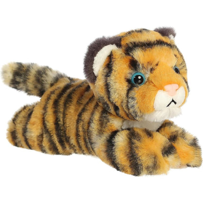 Angled front view of the Aurora Mini Flopsie Tiger Cub 8-inch plush resting on its belly, featuring orange fur with black stripes and striking blue eyes.