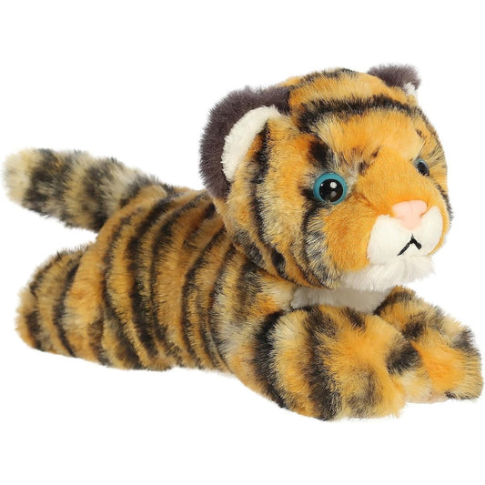 Angled front view of the Aurora Mini Flopsie Tiger Cub 8-inch plush resting on its belly, featuring orange fur with black stripes and striking blue eyes.