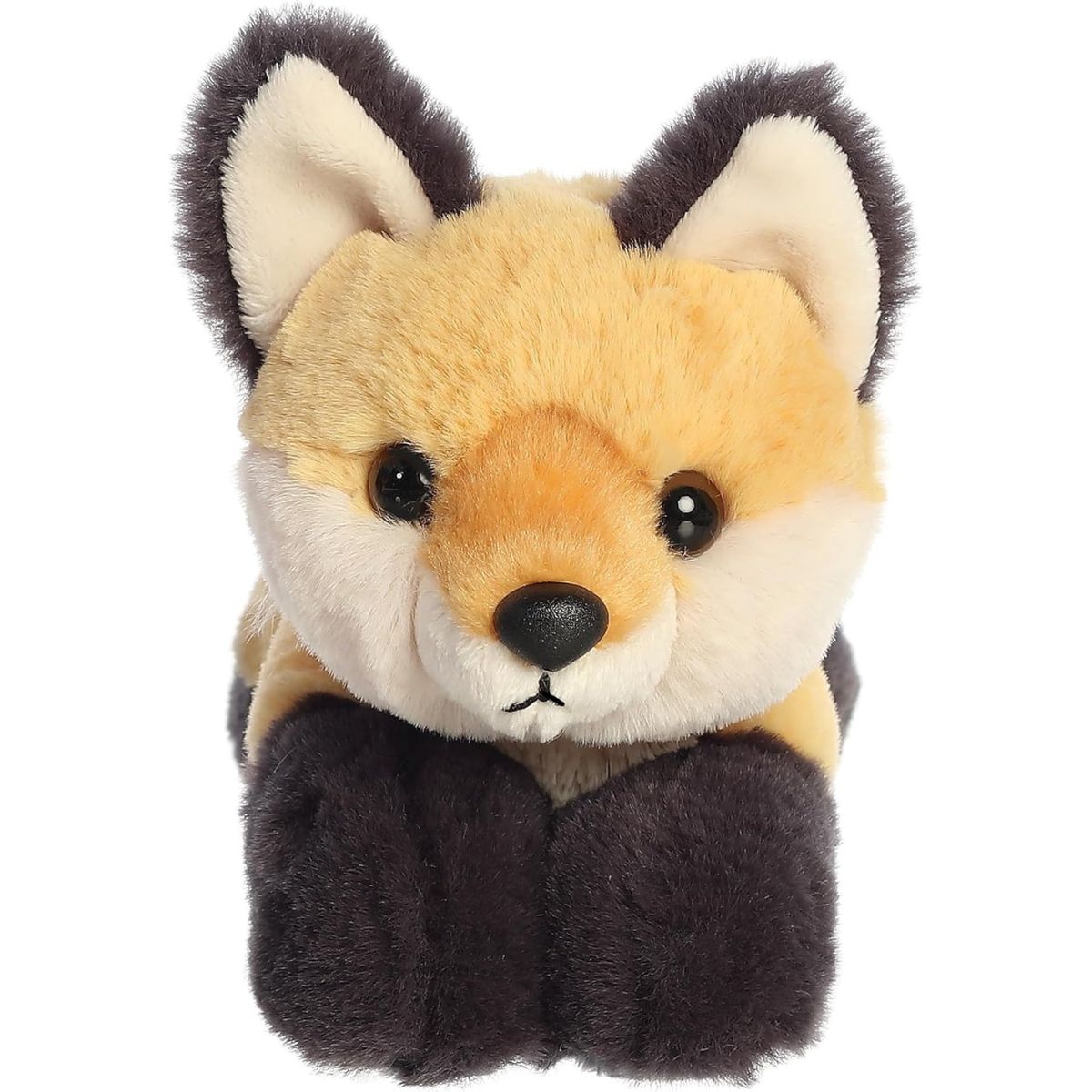 Straight-on front view of the soft Mini Flopsie fox plush showing its sweet face, black nose, and dark brown front paws.
