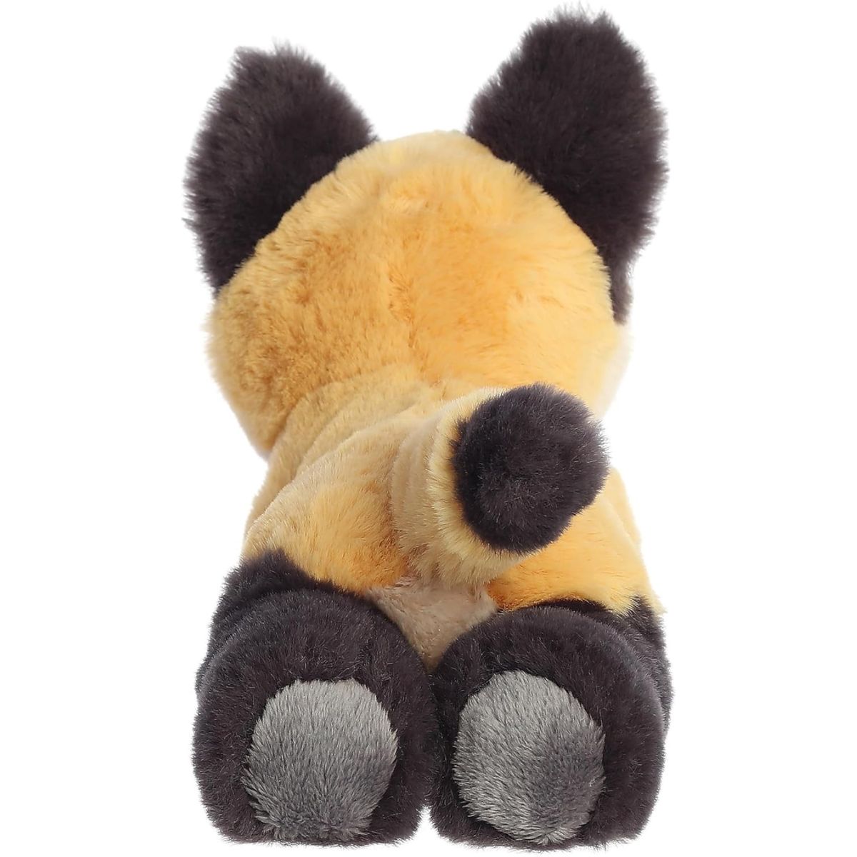 Direct back view of the cuddly fox kit stuffed animal highlighting its tail and grey paw pads.
