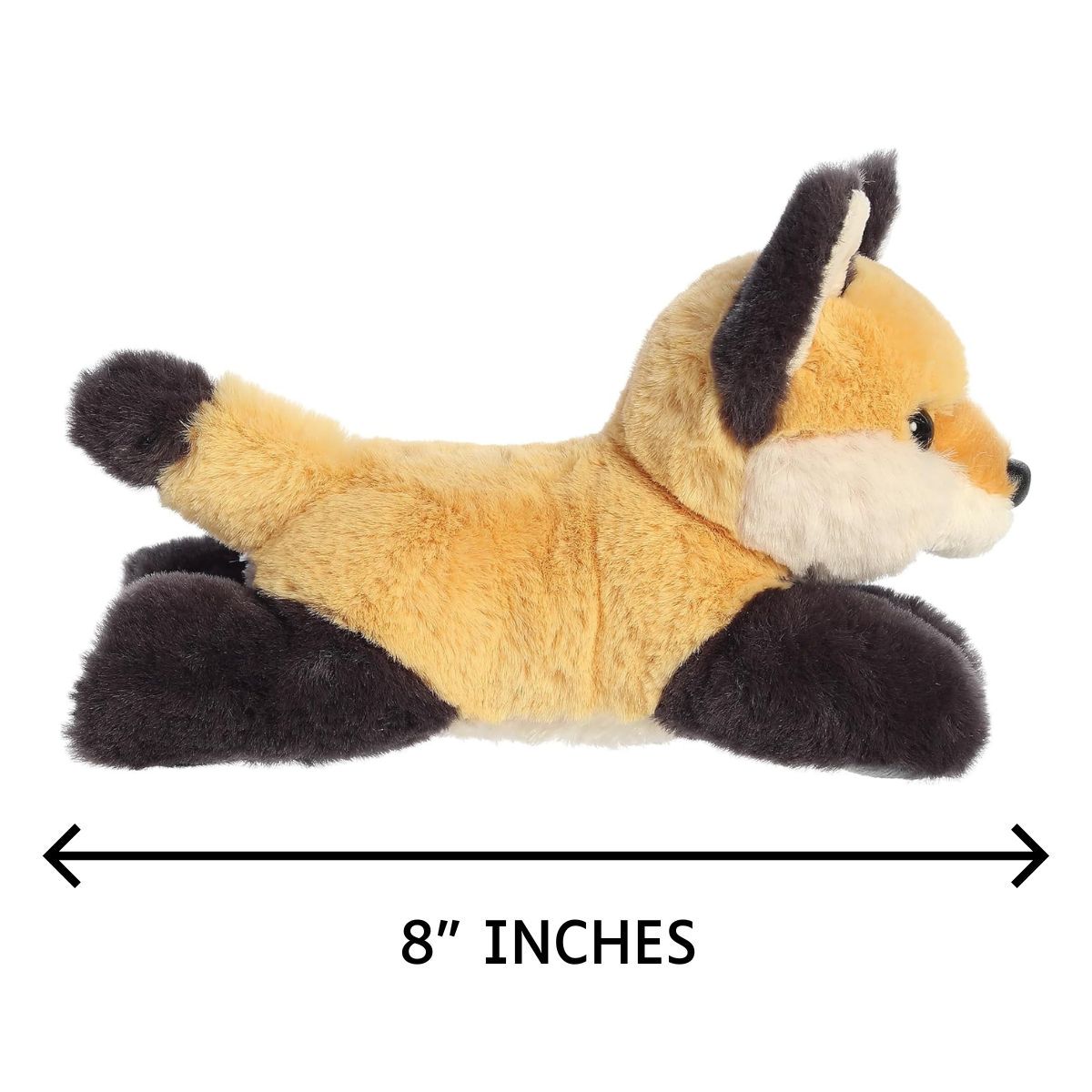 Side profile view of the Aurora Mini Flopsie Fox Kit plush with a measurement graphic indicating it is 8 inches long.