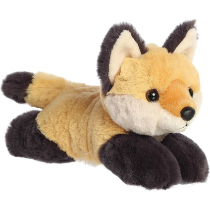 Angled front view of the 8-inch Aurora Mini Flopsie Fox Kit stuffed animal lying down with golden-orange and white fur.