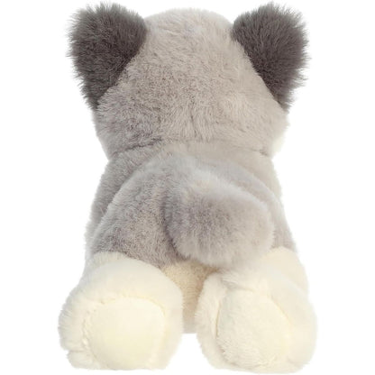 Direct back view of the cuddly wolf pup plush highlighting its grey back, tail, and white hind paws.