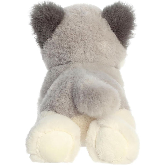 Direct back view of the cuddly wolf pup plush highlighting its grey back, tail, and white hind paws.