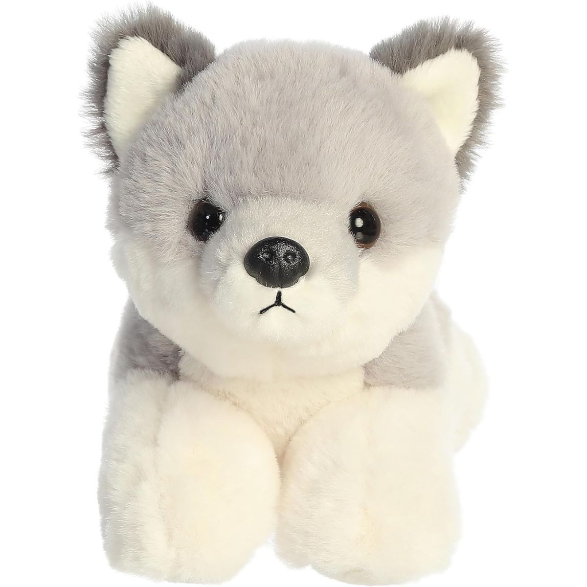 Straight-on front view of the soft wolf pup stuffed animal showing its face, perky ears, and black nose.