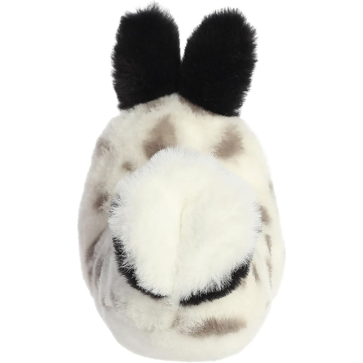 Direct back view of the cuddly sea bunny stuffed animal highlighting its fluffy black and white gill plume.