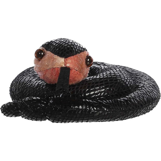 Close-up front view of the Aurora Bella Black Snake plush showing her bright brown safety eyes and coiled body.