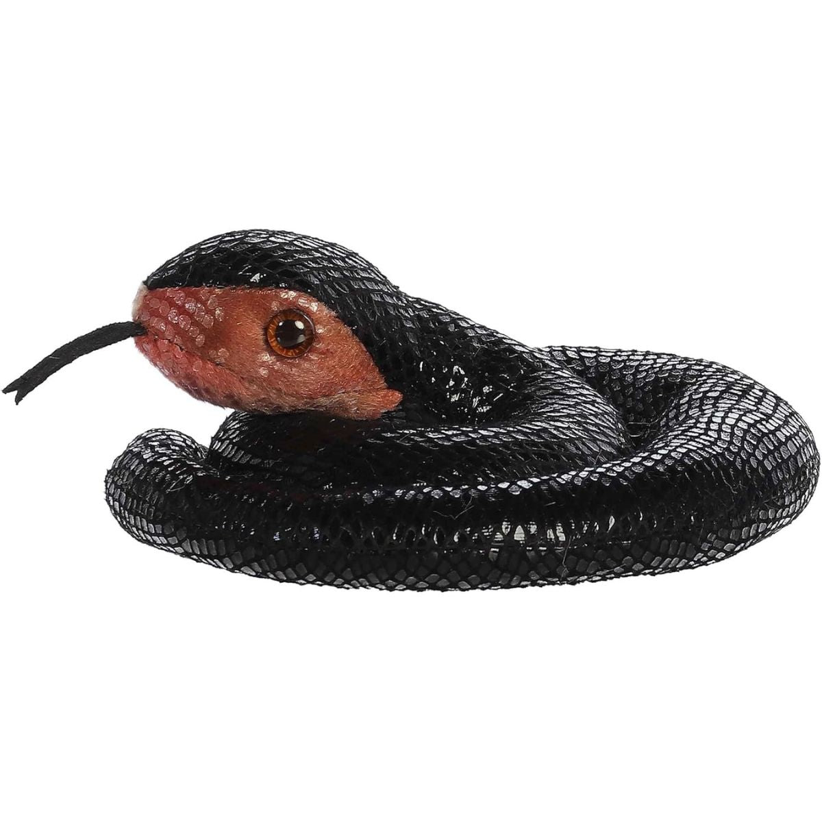 Side view of the coiled Aurora black snake plush toy showcasing her sleek, glossy fabric texture.
