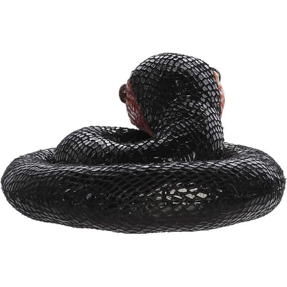 The back view of the Aurora Mini Flopsie black snake plush highlighting her neatly stacked coils.