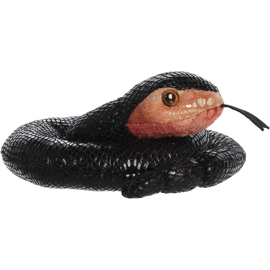 Aurora Mini Flopsie Bella 6-inch Black Snake coiled plush stuffed toy showing her tan underbelly and forked tongue against a white background.