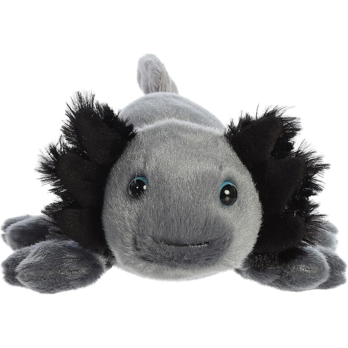 Close-up of the sweet face and distinctive fluffy gills on the Aurora Mini Flopsie axolotl stuffed animal.