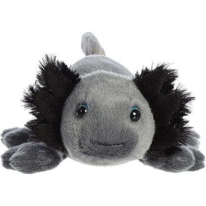 Close-up of the sweet face and distinctive fluffy gills on the Aurora Mini Flopsie axolotl stuffed animal.