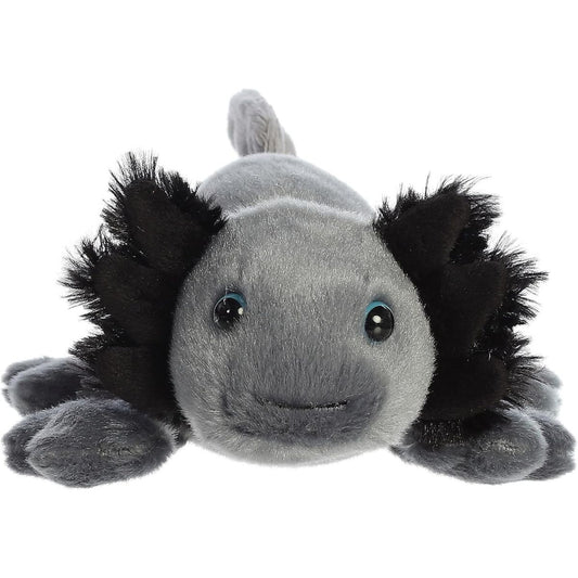 Close-up of the sweet face and distinctive fluffy gills on the Aurora Mini Flopsie axolotl stuffed animal.