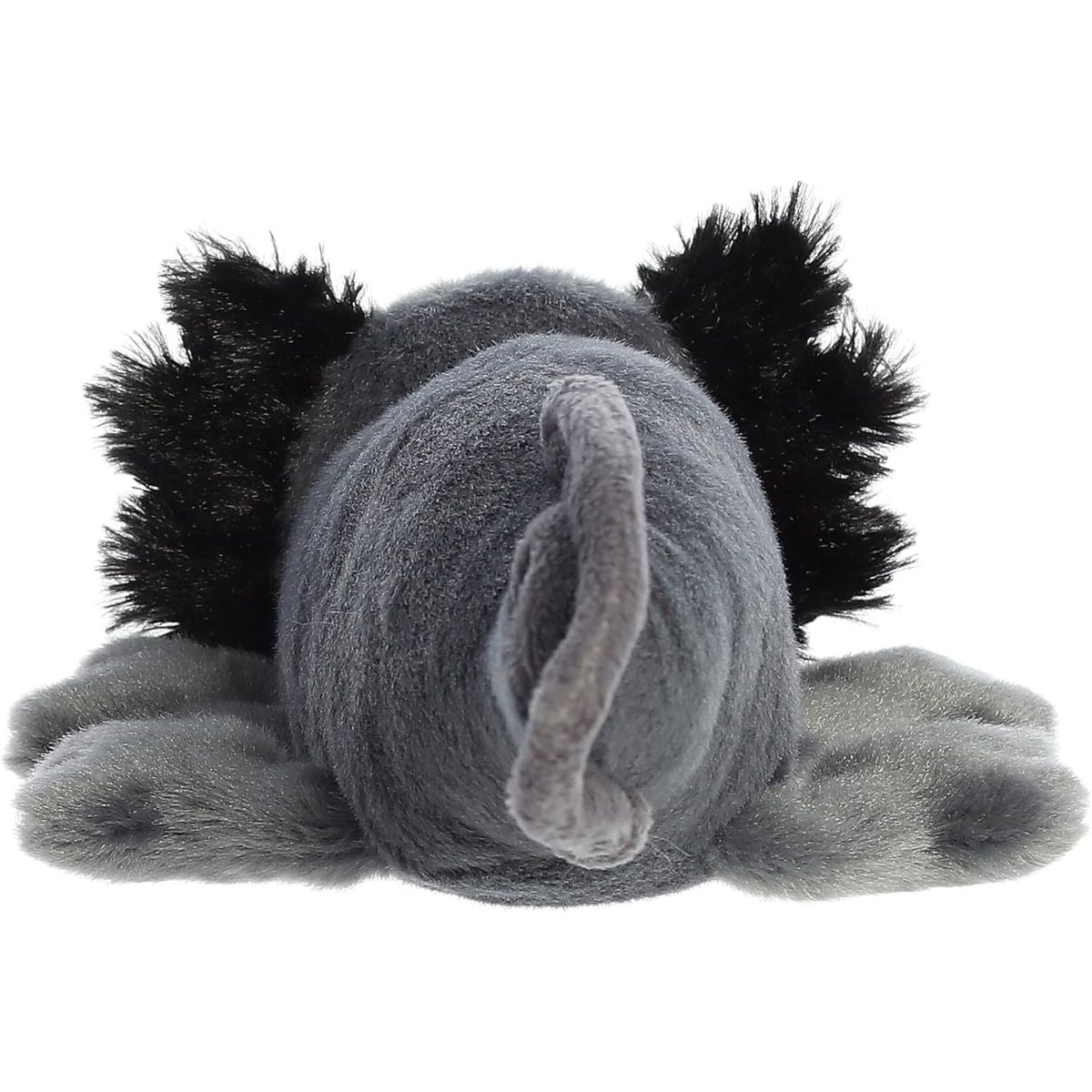 Back side showing the unique floppy resting pose of the Aurora Black Axolotl plush toy.