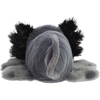 Back side showing the unique floppy resting pose of the Aurora Black Axolotl plush toy.