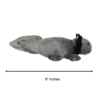 The Aurora 8-inch Xochitl Black Axolotl plush toy resting on a surface showing its compact size.