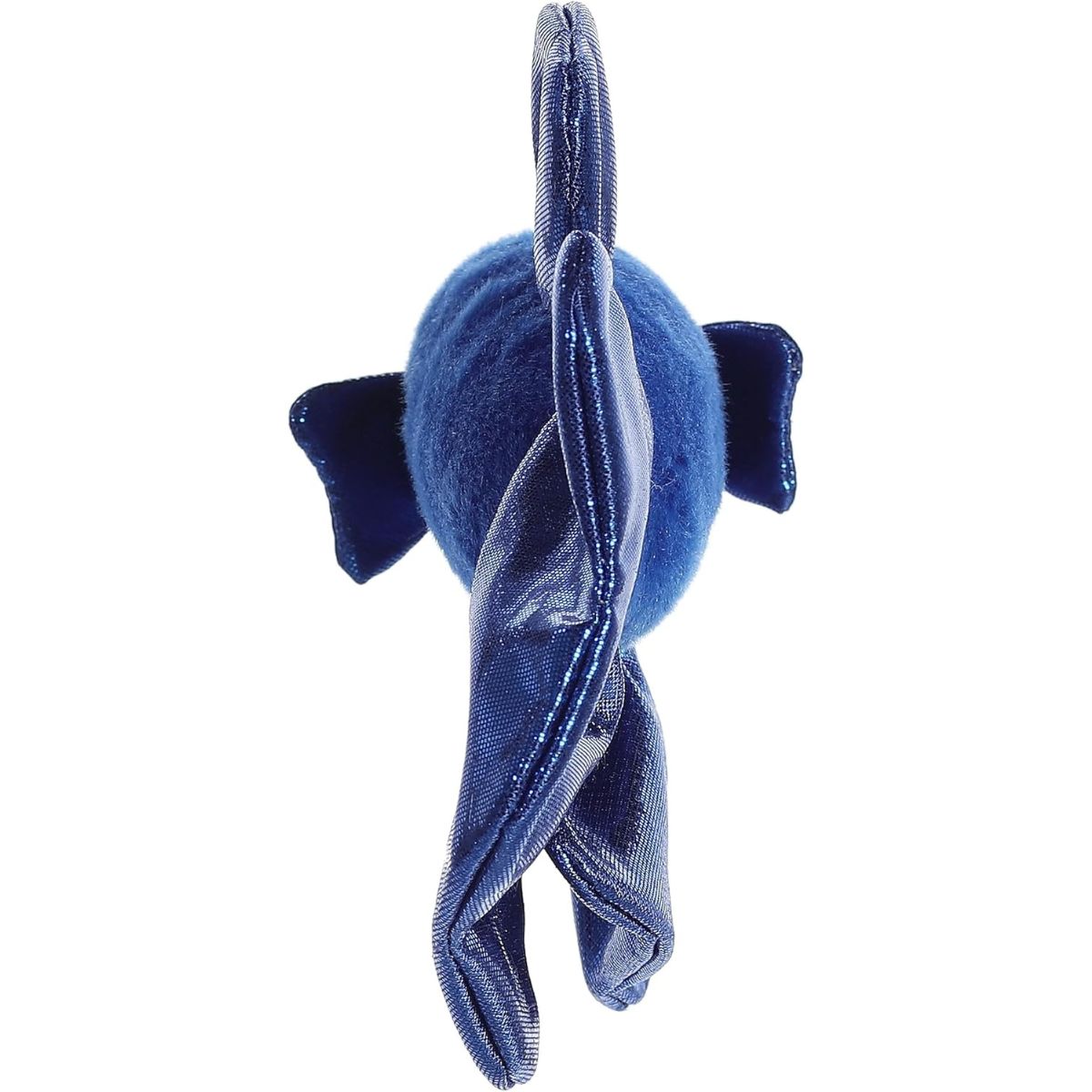 Direct back view of the cuddly blue betta fish stuffed animal highlighting its flowing tail fin.