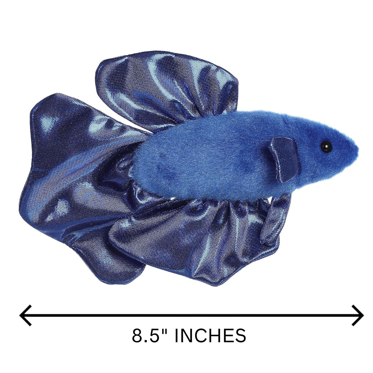 Side profile view of the Finley Betta Fish plush with a measurement graphic indicating it is 8.5 inches long.