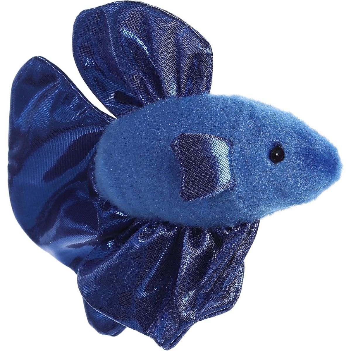 Side profile view of the 8.5-inch Aurora Mini Flopsie Finley Betta Fish stuffed animal showing its deep blue body and shimmering fins.