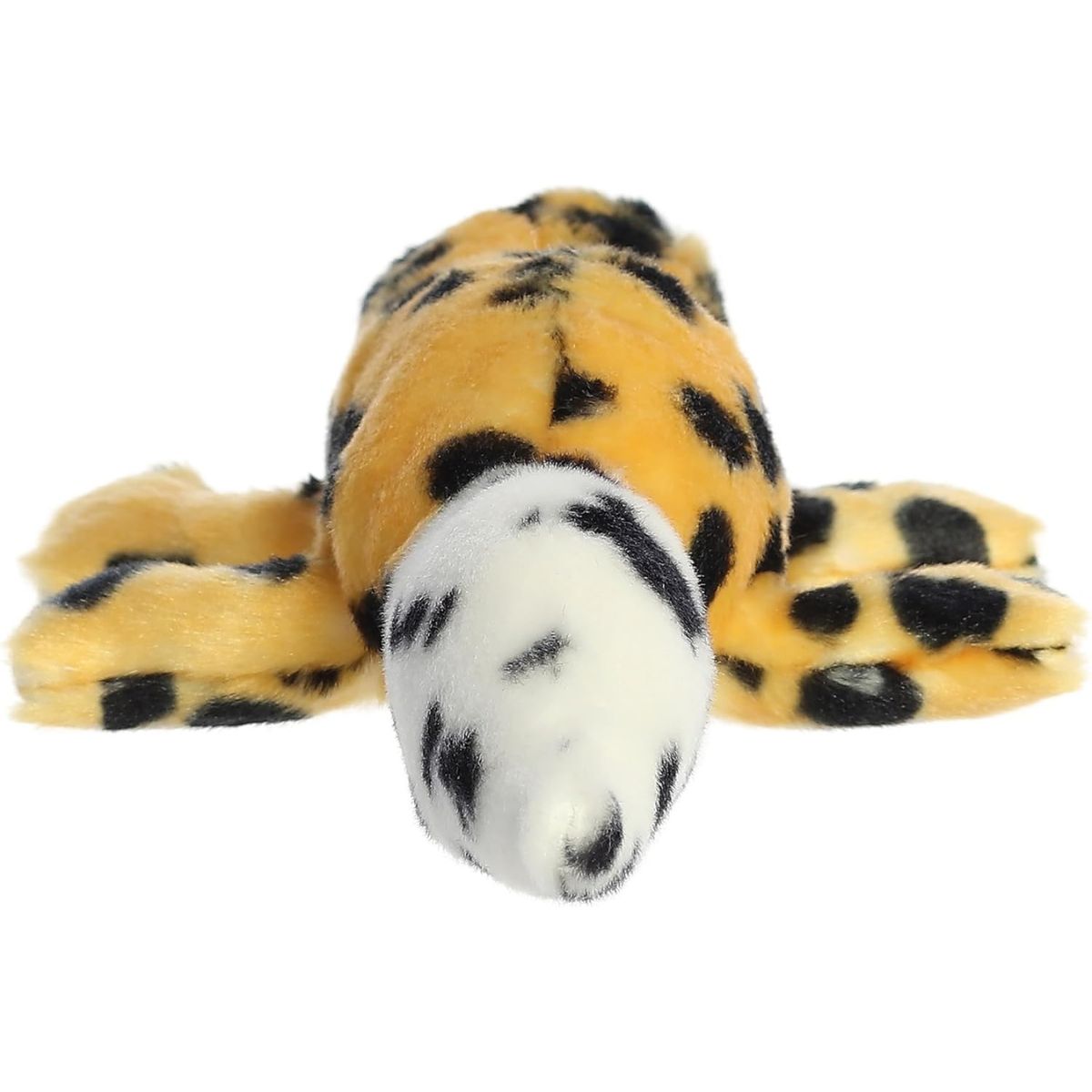 The back view of the Aurora Zilla Leopard Gecko plush toy highlighting its plump, black-spotted tail.
